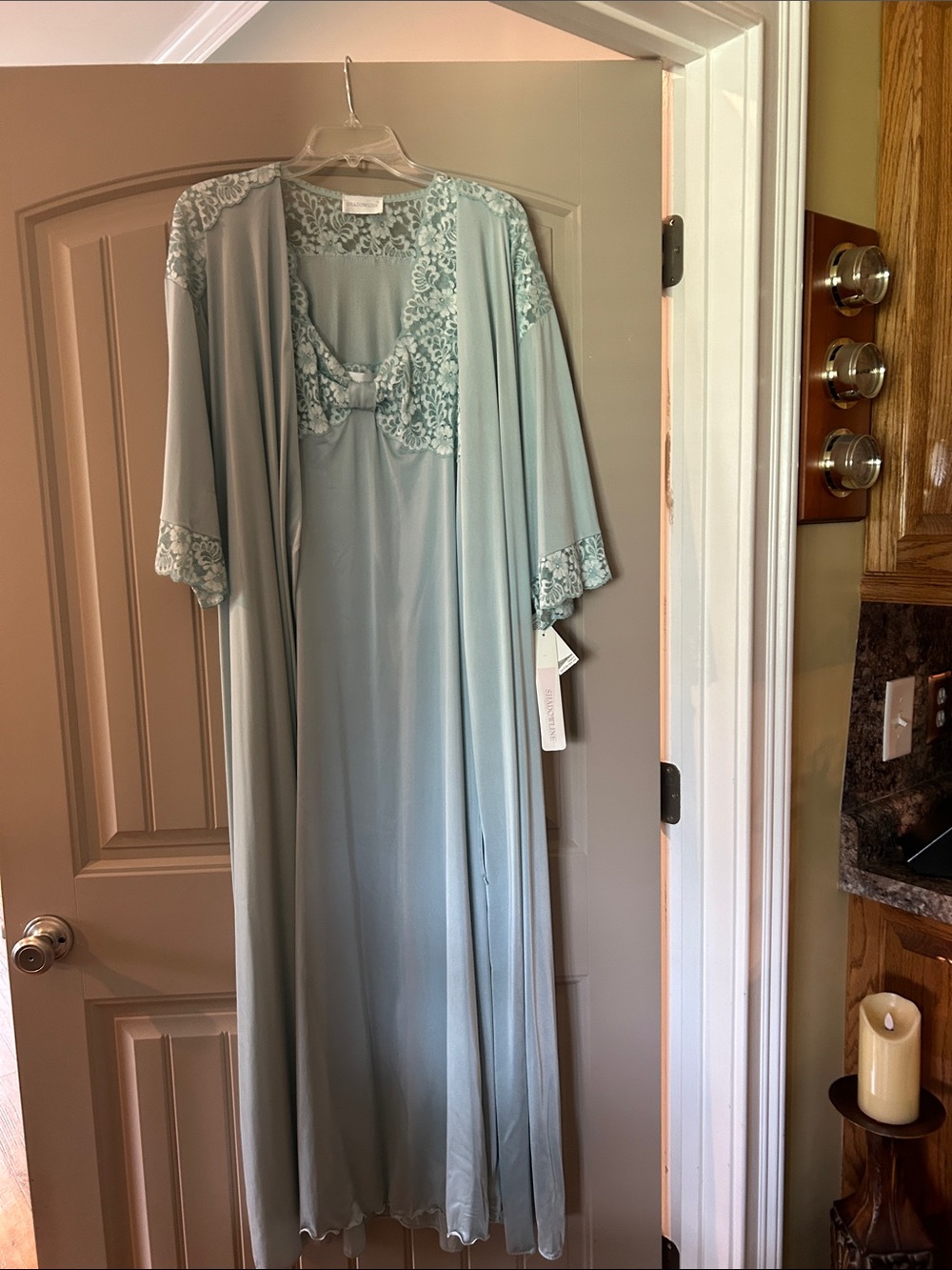 NWT Shadowline Women's Lace-Trim Satin Nightgown and Robe Set - Pale Blue